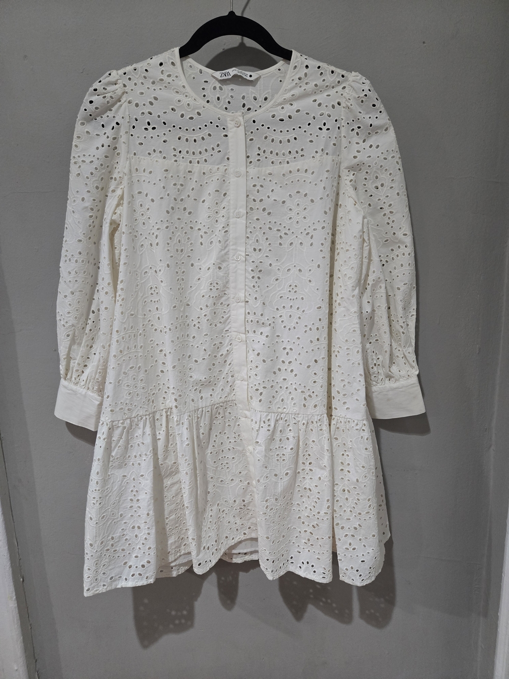 Zara Cream Eyelet Button-Front Tiered Mini Dress